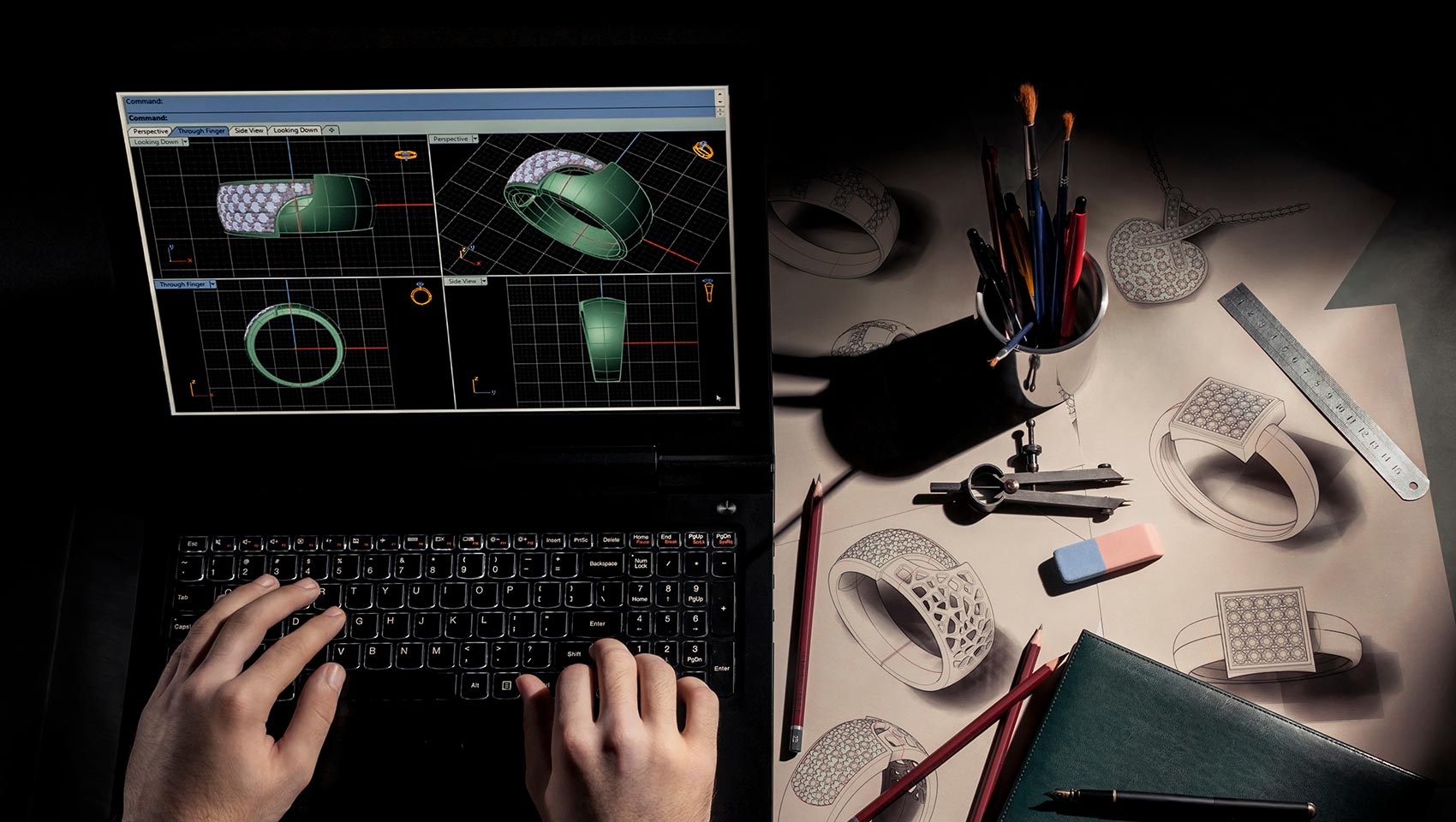 a laptop with CAD designed jewelry in focus with hands on the keyboard. The background features hand drawn sketches of jewelry